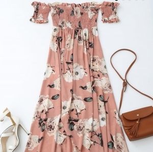 Off Shoulder Shirred Slit Floral MaxiDress -Zaful